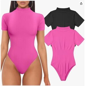 Women's 2 Piece Bodysuits Sexy Ribbed High Neck Short Sleeve Black/Pink size‎ L